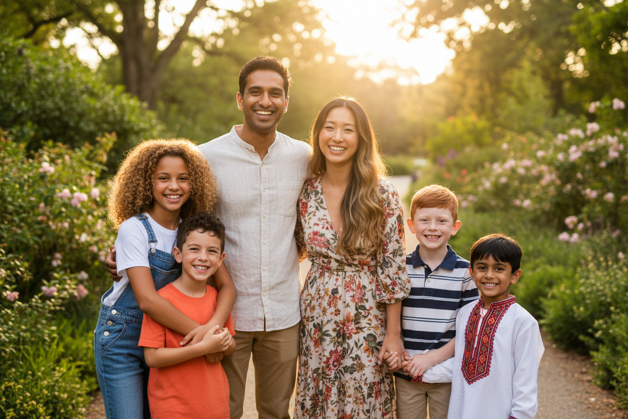 A diverse family of six smiles together while standing on a garden path during sunset.